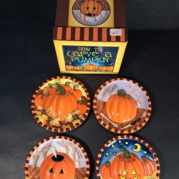 MWW Market How To Carve A Pumpkin Set Of 4 Round Mini Ceramic Plates Hangable - Picture 1 of 12